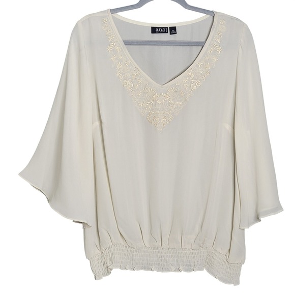 A.N.A. A New Approach Tops - a.n.a A New Approach Blouse Women‎ PXL Ivory Embroidered V-Neck Smocked Hem